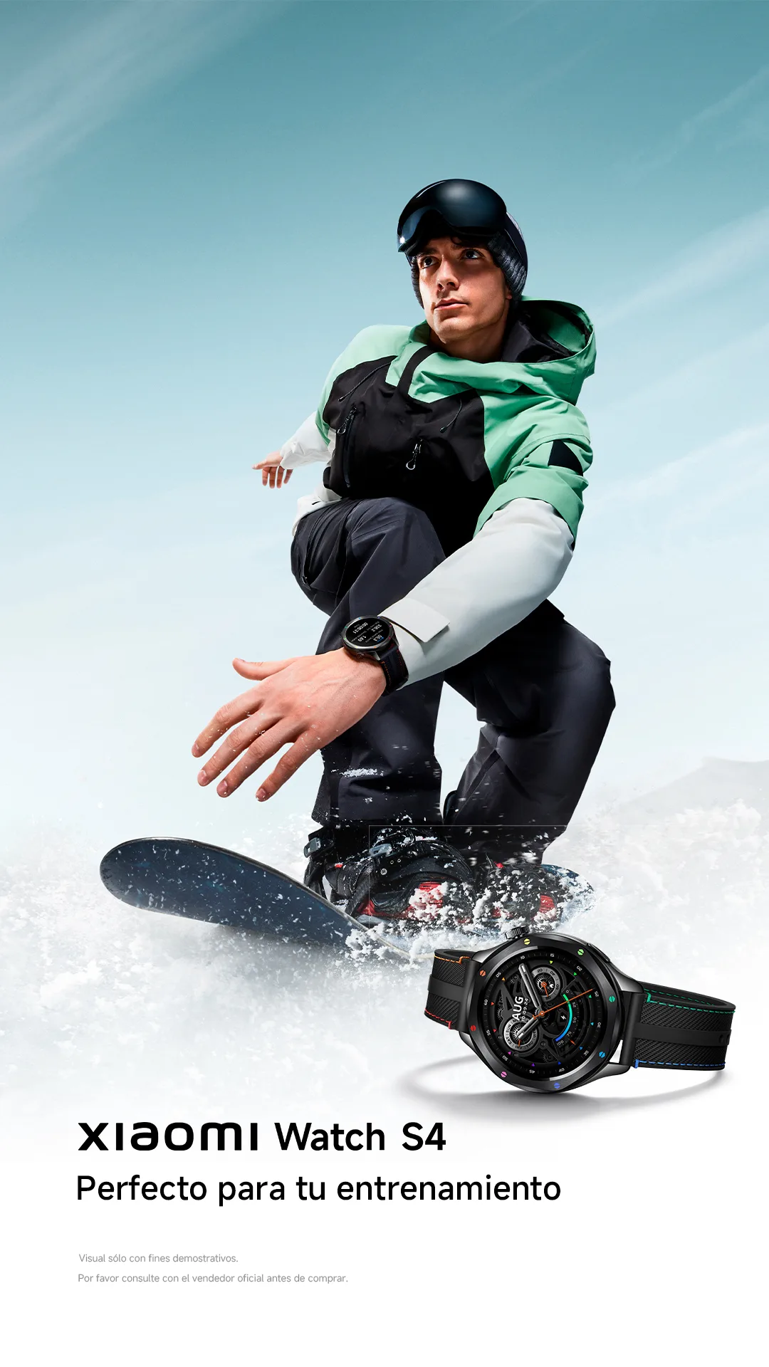 Xiaomi Watch S4 ad card — snowboarder